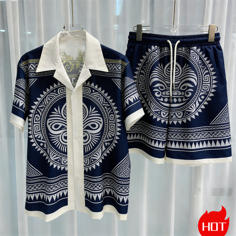 Summer Clothing For A Beach - 夏のメンズシャツセット 3Dココナッツツリー柄 ポリエステル製 ツーピースシャツセット ハワイアンシャツ バケーション