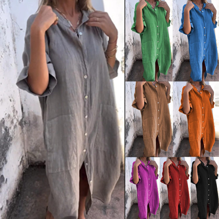 Summer Clothing H&M - 2026年レディースオールドマネーシャツワンピース、ゆったりとしたボタンポケット付き、半袖、無地、カジュアル、ロング丈、コットンとリネン素材のシャツワンピース