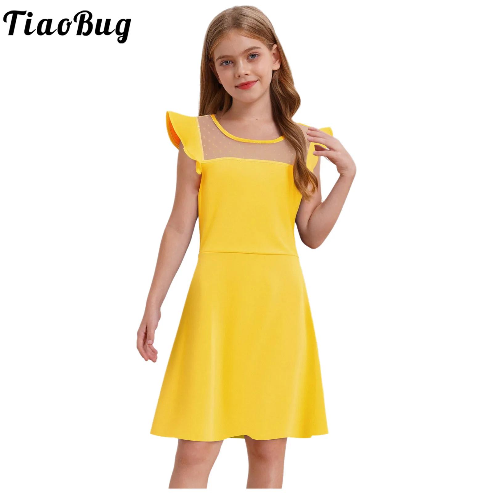 Yours Summer Clothing - 10代の女の子の夏のドレス、ラッフルスリーブ、ドット柄、シースルーメッシュ、Aラインドレス、誕生日、結婚式、パーティー、ページェント、宴会、プロム、子供服