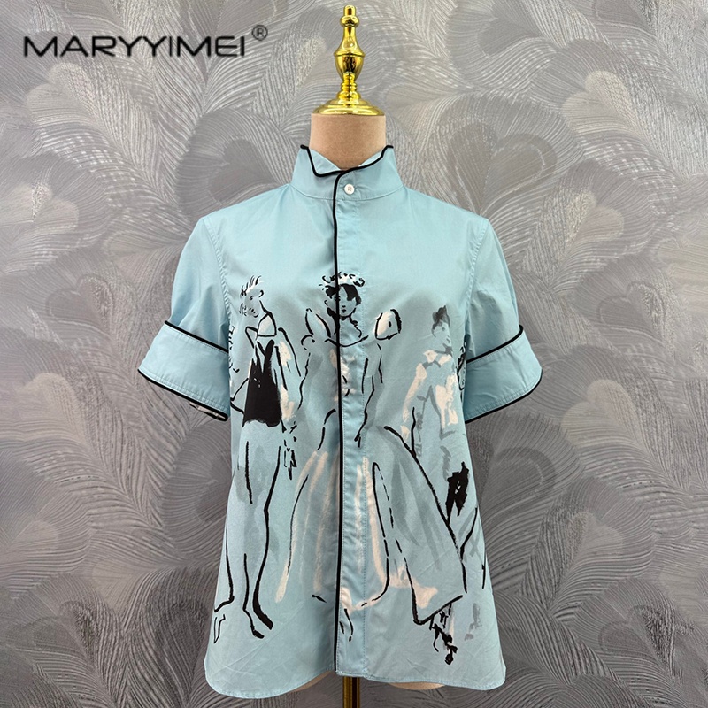 Summer Edit Clothing - MARYYIMEI ファッションプリント婦人服キャラクタースタンドカラー半袖シャツ新作夏 2026 年版 ﻿