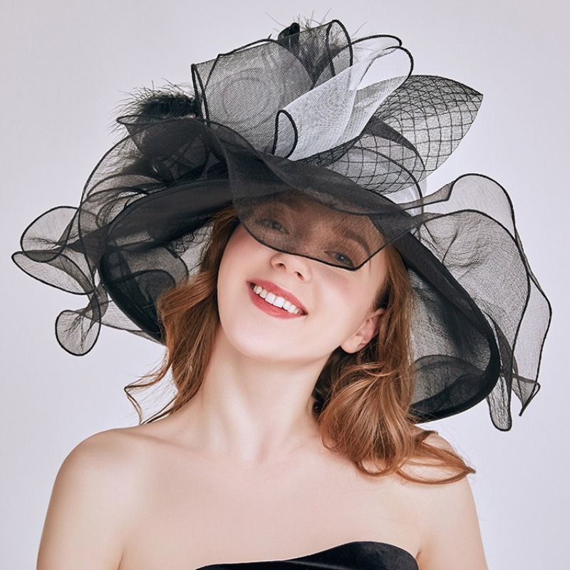 Sun Hat Wide Brim - ファッションフラワーファシネーターハット女性用レディースケンタッキーダービーワイドブリムウェディング教会オーガンザサンハットエレガントな大きなフェドラ帽