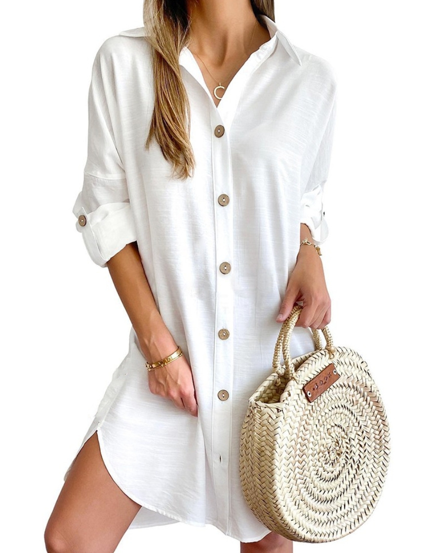 Summer Clothing H&M - 女性のソリッドカラーのドレス 2024 春夏通勤スタイルカジュアル長袖ポロボタンアップシャツドレスファッションミニドレス