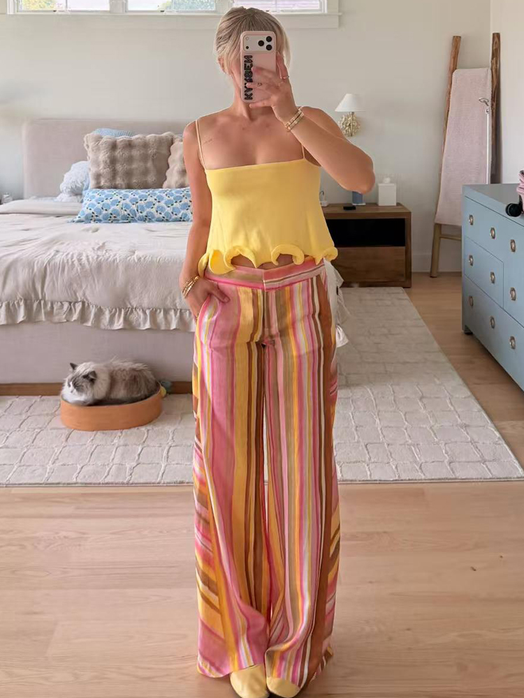 Palazzo Pant Wide - 女性のストライプパンツ女性リネンワイドレッグパンツカジュアル女性のパラッツォパンツ夏の女性のストレートレッグパンツストリートウェア