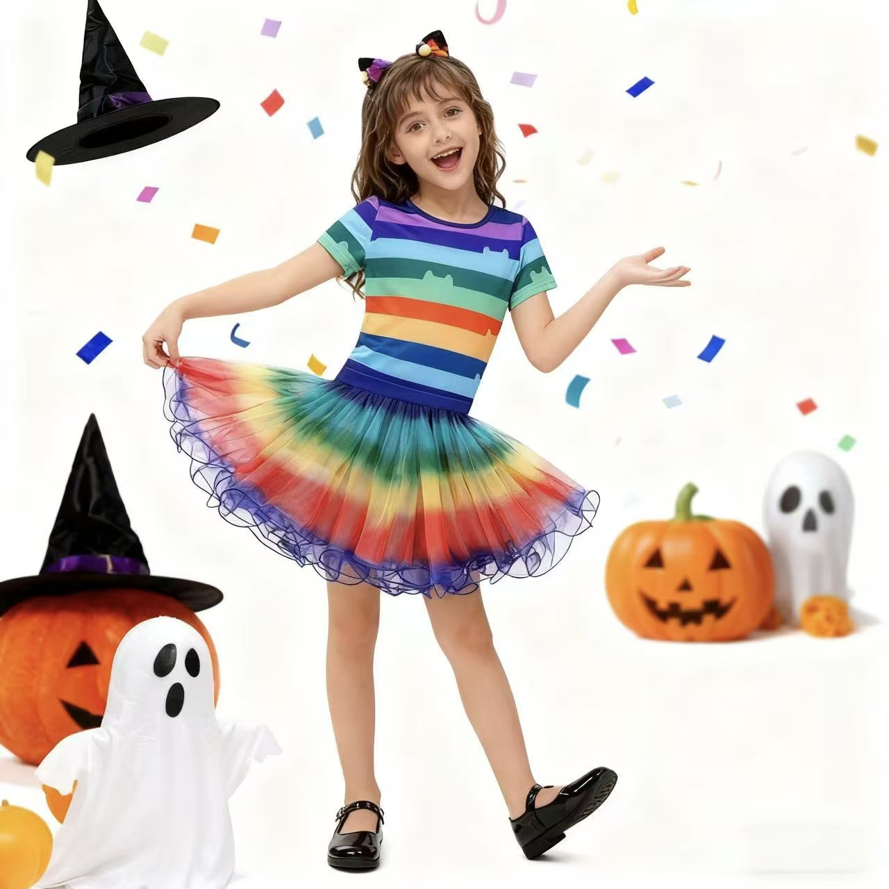 Yours Summer Clothing - 女の子レインボーストライプ Tシャツチュチュスカート猫耳ヘッドバンドセットハロウィンカーニバルコスプレ衣装子供の誕生日服