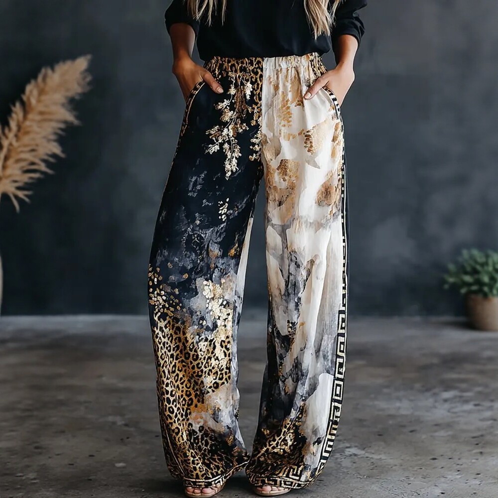 Palazzo Pant Wide - レディースカラーブロックレオパードプリントワイドレッグパンツ、秋用伸縮性ハイウエストルーズパラッツォパンツ、カジュアルストリートウェア、ホリデーパンツ