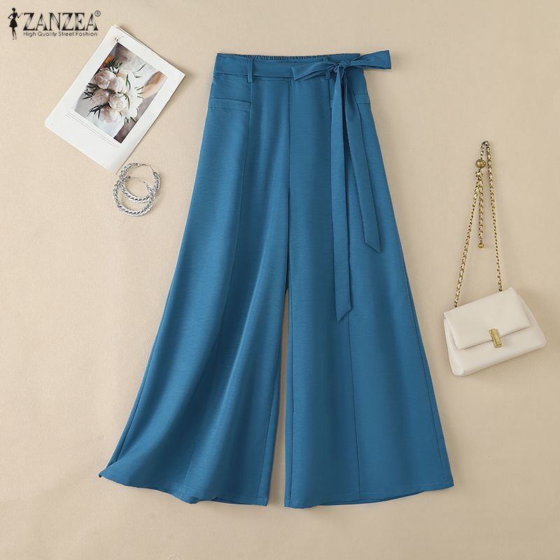 Palazzo Pant Wide - 女性プラスサイズ 5XL 流れるようなワイドレッグパンツルーズハイウエストベルト付きズボン ZANZEA 秋オフィスワークソリッドカジュアルパラッツォパンツ