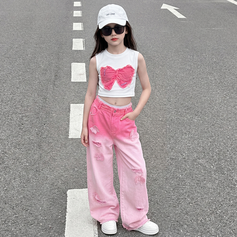Summer Clothing Deals - 十代の女の子の服セット ホットディール ボウクロップトップ+蝶柄ワイドレッグジーンズ 2ピース ファッション グラデーション