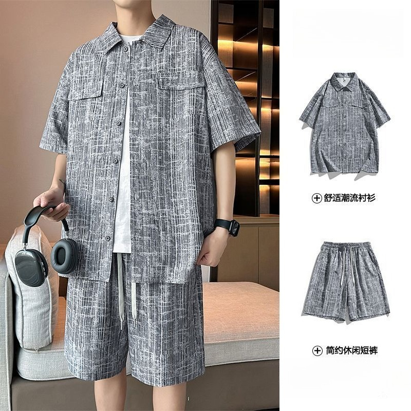 Summer Clothing For A Beach - メンズセット半袖シャツ + 5 ポイントショーツカジュアルユースストリートウェア巾着ショーツカーディガンスポーツビーチハワイ男性服