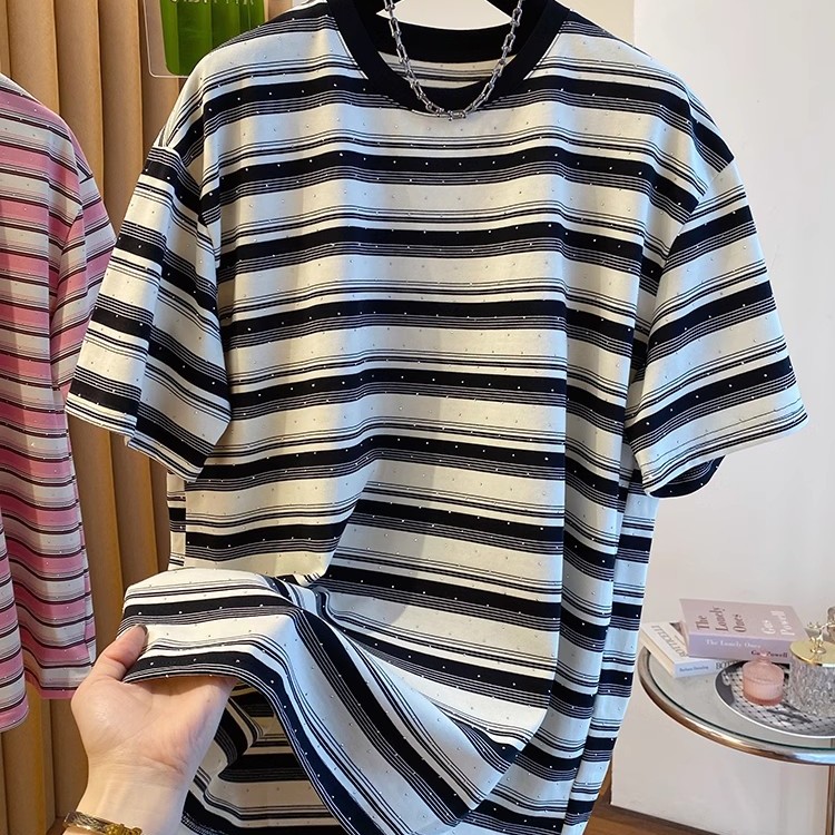 Summer Clothing Outlet - ユニセックス純綿ストライプ半袖Tシャツ カジュアルで通気性のある夏のアウトレット服 男女兼用
