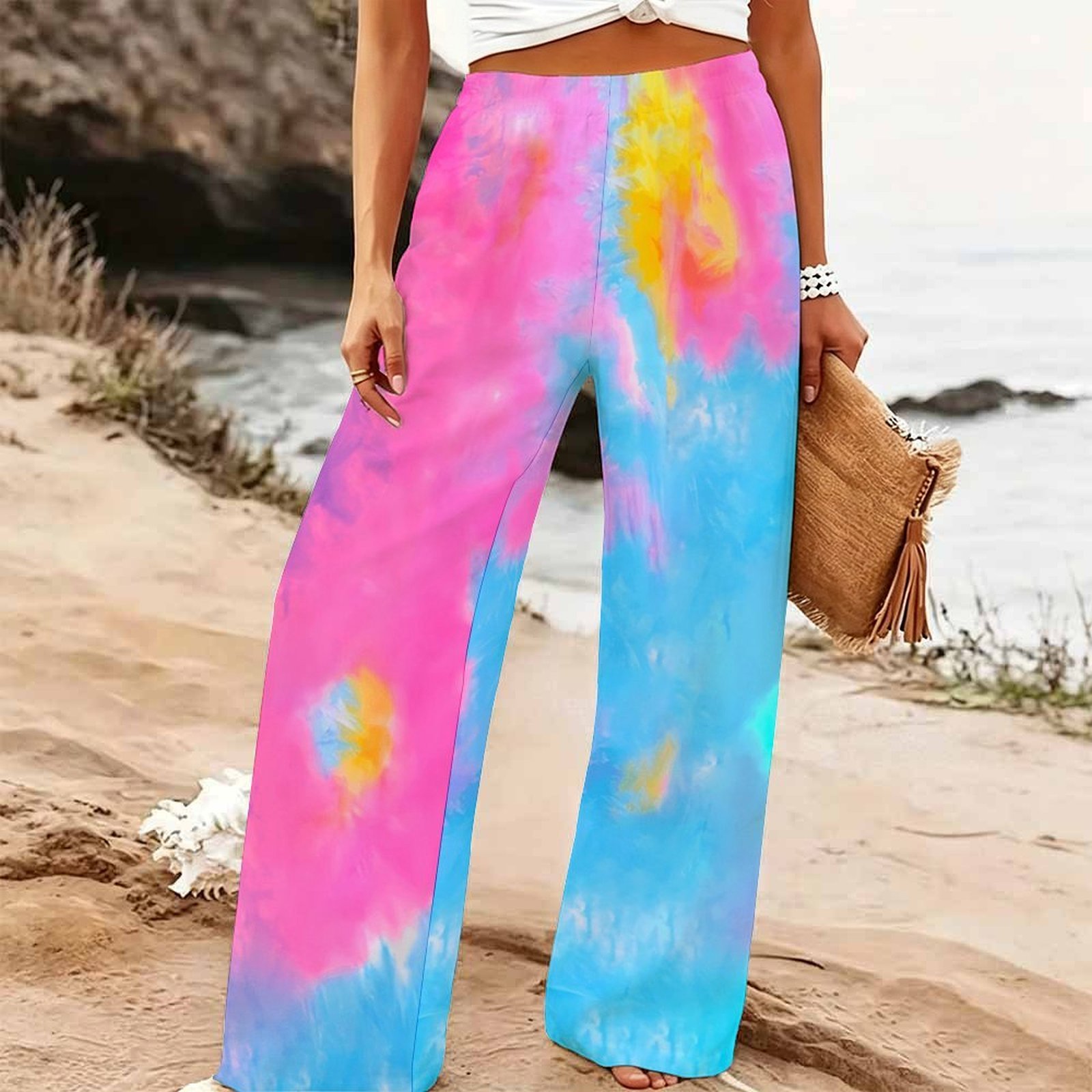Palazzo Pant Wide - レディースサマービーチワイドレッグパンツ 花柄プリント ゴムウエスト ハイウエスト ルーズフィット カジュアル