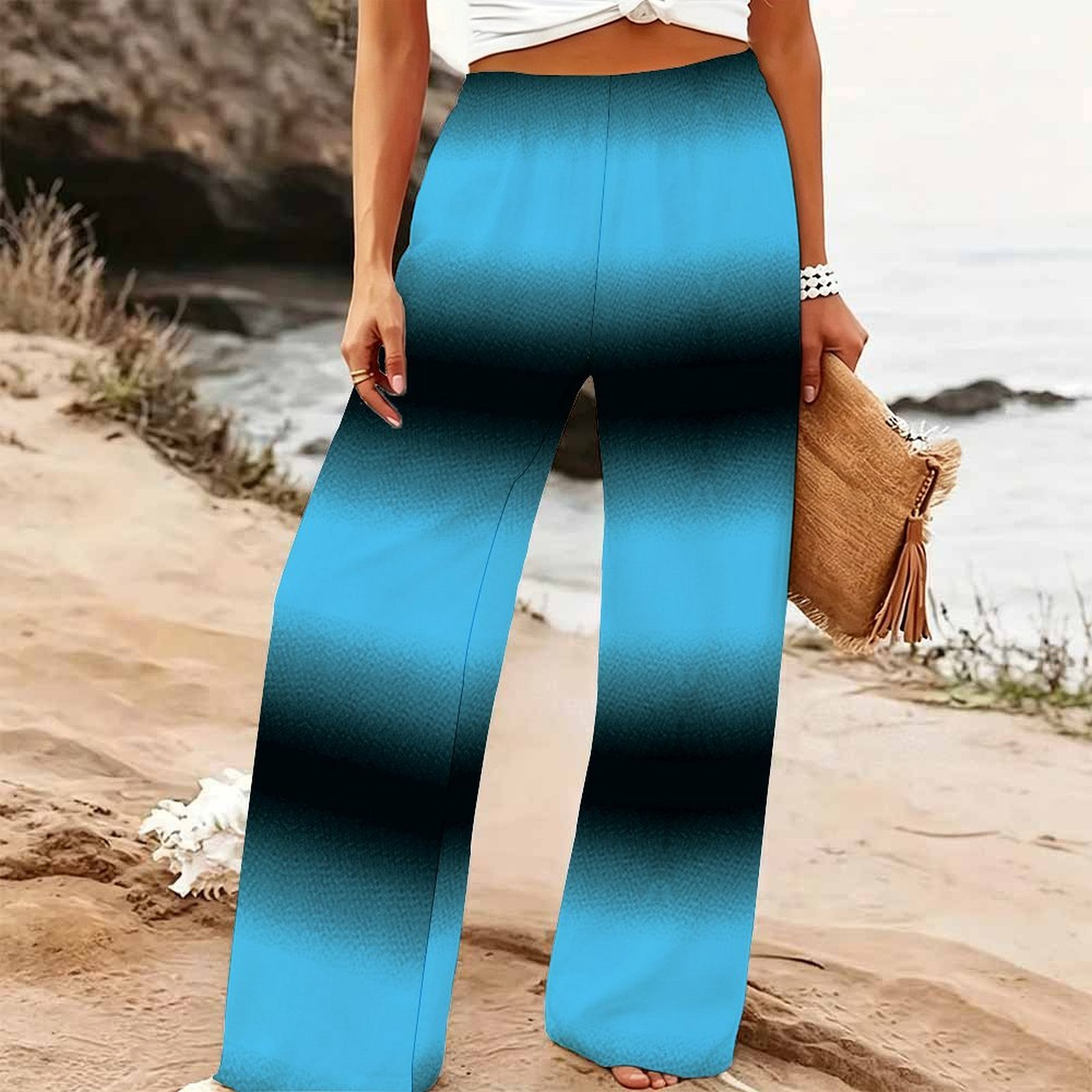 Palazzo Pant Wide - レディースサマービーチワイドレッグパンツ 花柄プリント ゴムウエスト ハイウエスト ルーズフィット カジュアル