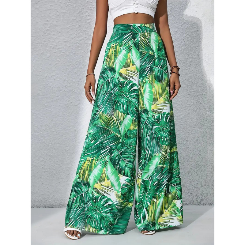Palazzo Pant Wide - 2026年女性用ハイウエストトロピカルリーフプリントワイドレッグパンツカジュアルサマービーチフローヤパラッツォトラウザーズマルチカラー