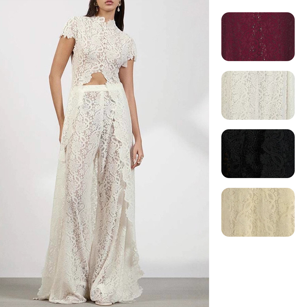 Palazzo Pant Wide - レディースレース2ピースパンツセット、モックネックキャップスリーブカットアウトウエストクロップトップ+ラッフルトリムシースルーワイドレッグフロア丈パラッツォパンツ