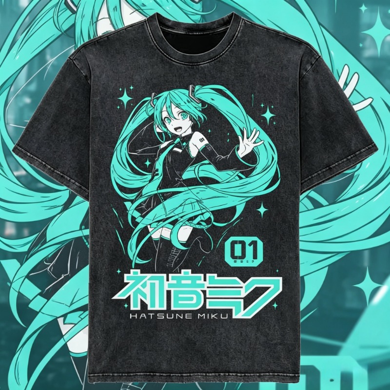 Japanese Summer Clothing Men - 2026 夏日本アニメ初音ミクヴィンテージウォッシュ Tシャツ男性女性特大ストリートグラフィック Tシャツカジュアルコットントップス