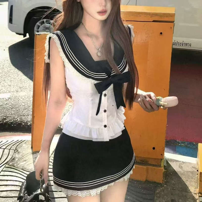 Summer Clothing Haul - カレッジスタイルの弓甘い 2 点セット女性甘いセーラーシャツ + ブルーミニスカートスーツ日本のかわいいノースリーブフリルセット 2025