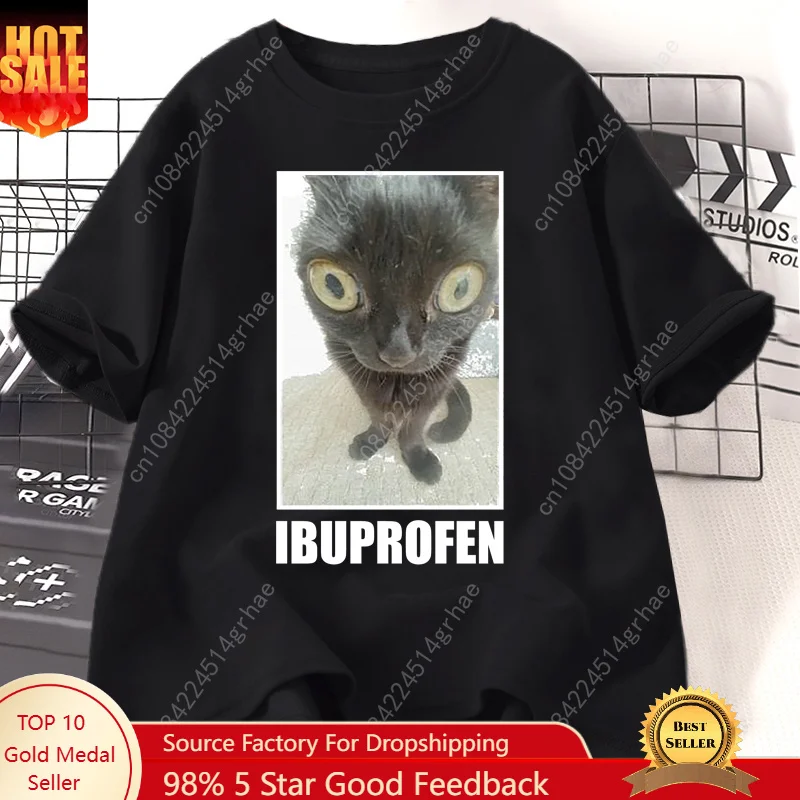 Yours Summer Clothing - 面白い猫イブプロフェングラフィック Tシャツ男性女性綿 Tシャツ服創造性半袖ファッションカジュアルルーズトップスストリートウェア