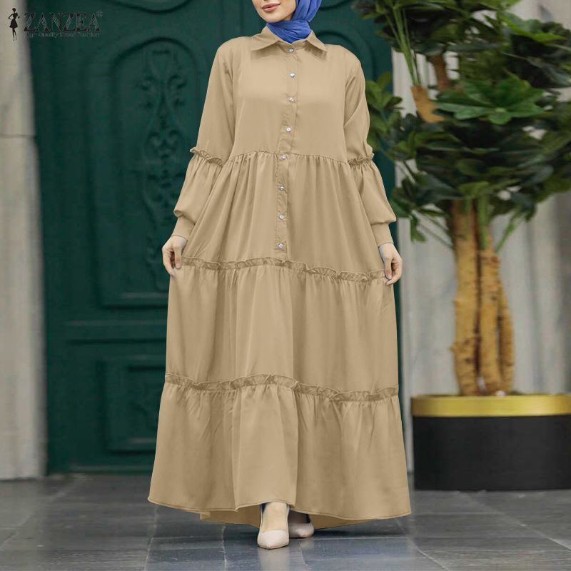 Summer Clothing For Older Women - ZANZEA イスラム教徒ヒジャービス控えめなロングドレス女性のターンダウンカラー長袖フリルトリムティアードドレスイスラムアバヤローブ 3XL