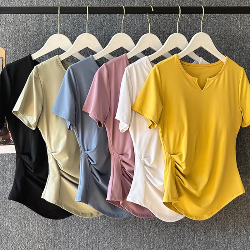 Summer Clothing Haul - 女性用ヨガウェア 夏用ピラティストレーニングフィットネストップ 高級スポーツランニングセット 半袖速乾Tシャツ