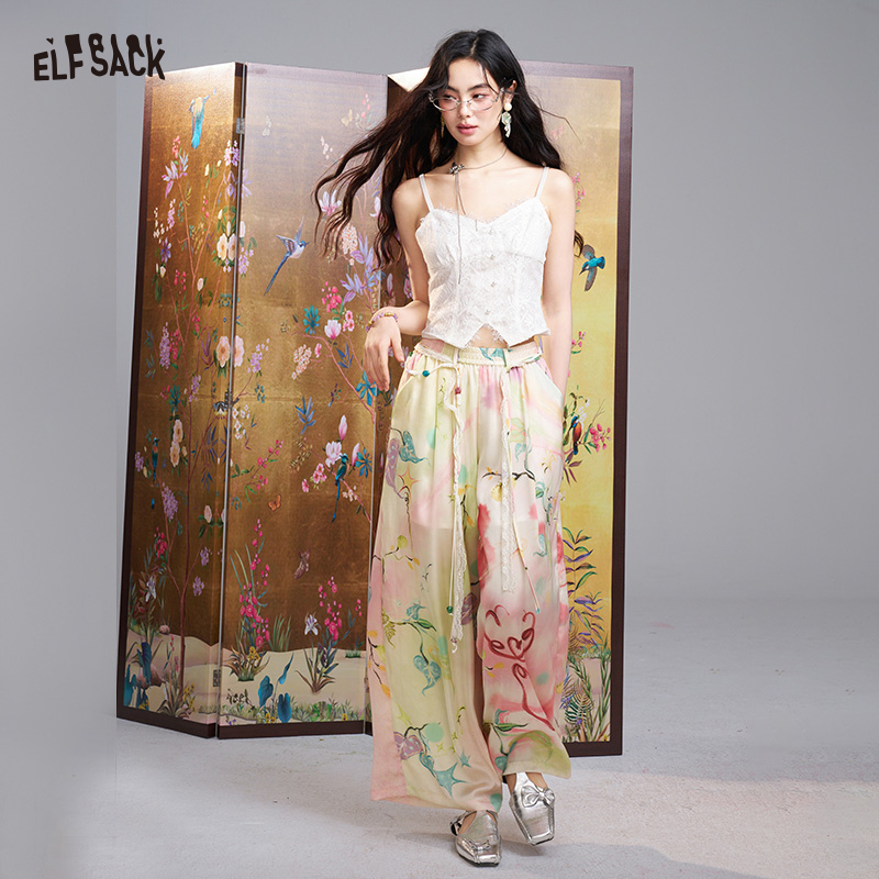 Palazzo Pant Wide - ELFSACK 水彩花柄ワイドレッグパンツ、ボヘミアンスタイルのドローストリングウエストパラッツォパンツ、フェアリーコアカジュアルハイウエストパンツ
