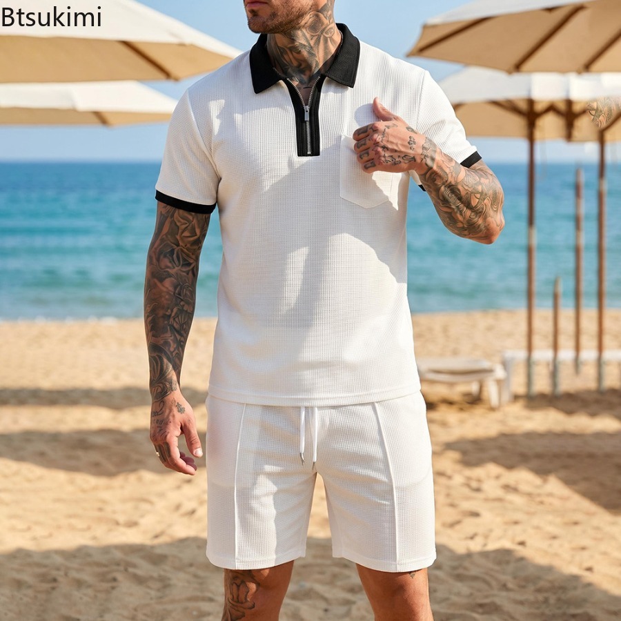 Summer Clothing For A Beach - メンズワッフルカラーポロ半袖ショーツセットビーチ休暇カジュアルセット夏のストリートウェア日常着セットファッション男性服