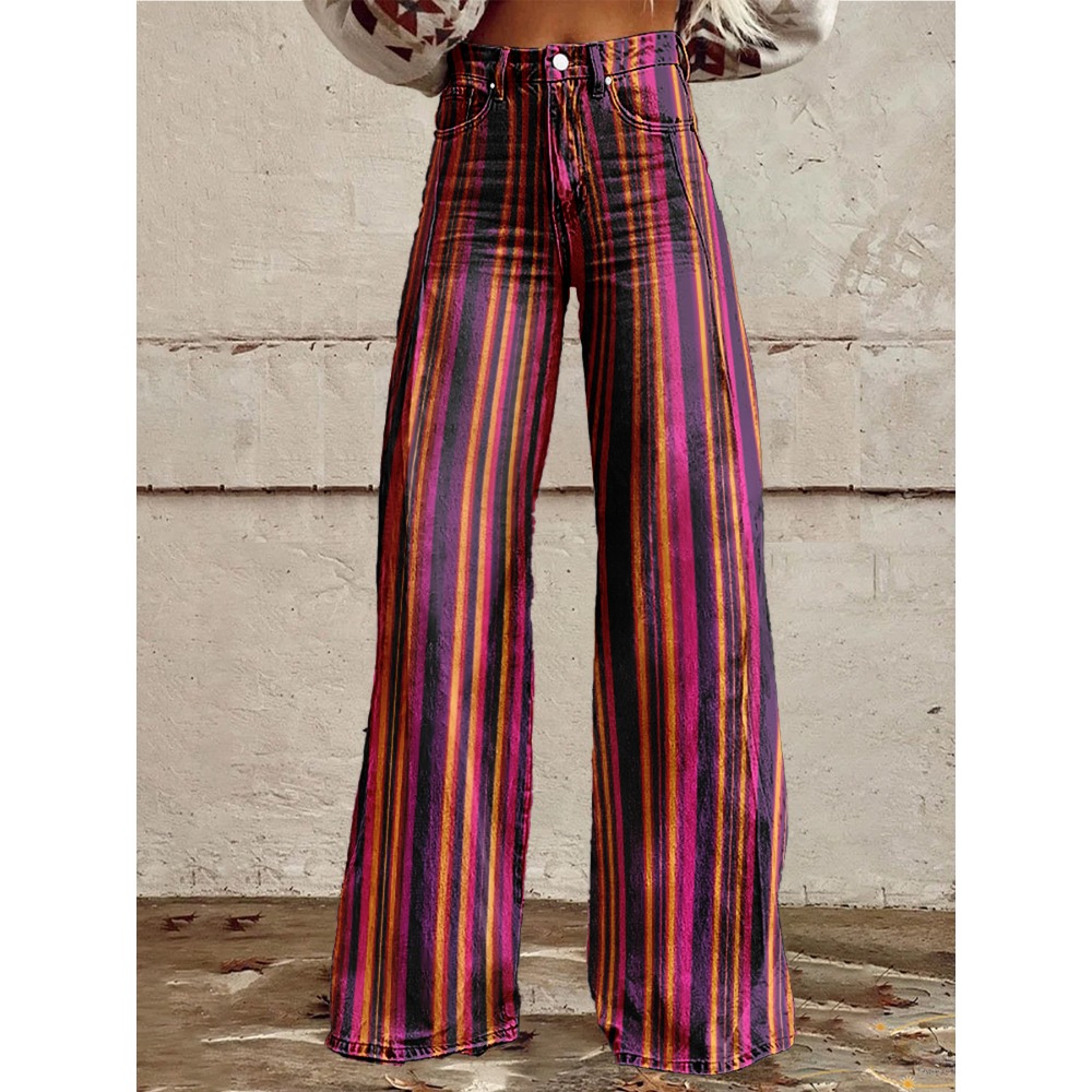 Palazzo Pant Wide - レトロストライプフレアパンツ レディース セクシー ハイウエスト ワイドレッグパンツ 秋ファッション