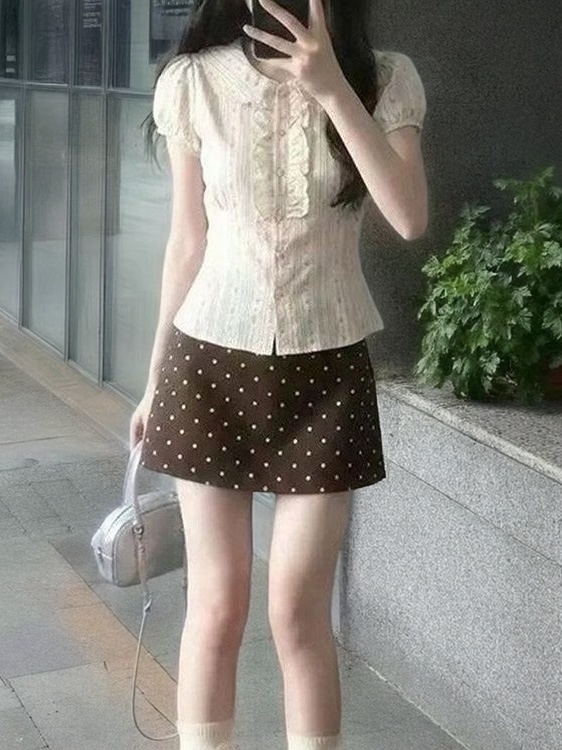 Summer Clothing Haul - 2026年夏アンチエイジング韓国カレッジスタイル水玉模様半袖シャツとスカートセットハイウエストバブルスリーブドールカラー