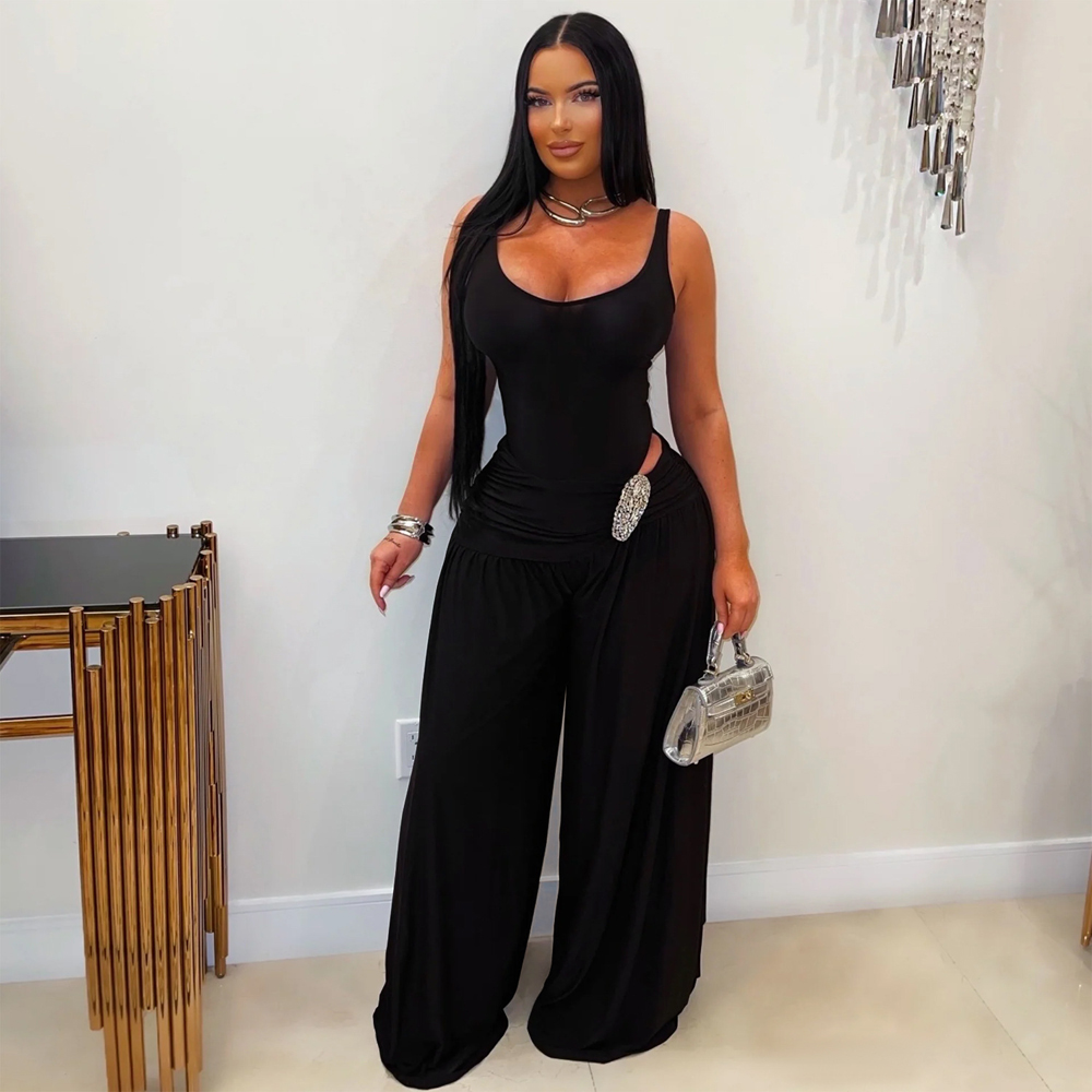 Palazzo Pant Wide - 無地ツーピースレディースセット エレガントセクシーボディスーツ＆ルーシュウエストバックルパラッツォパンツスーツ 2026夏カジュアルアウトフィットセット