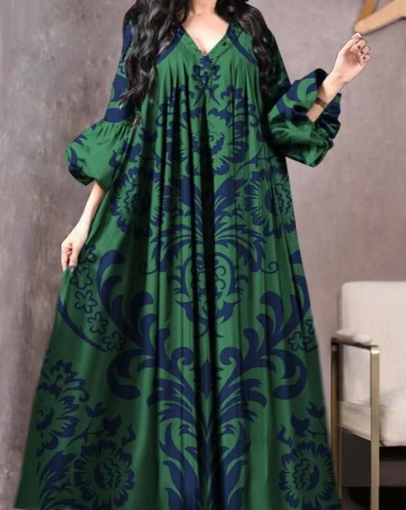 Summer Clothing For Older Women - ヴィンテージプリントドレス女性通気性ルーズ中東ローブカジュアル長袖アバヤ V ネックルーズイスラム教徒アバヤ女性のための