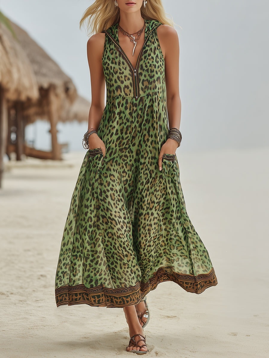 Summer Clothing H&M - 2026年ヴィンテージ レディース ロングドレス ジッパー Vネック フード付き