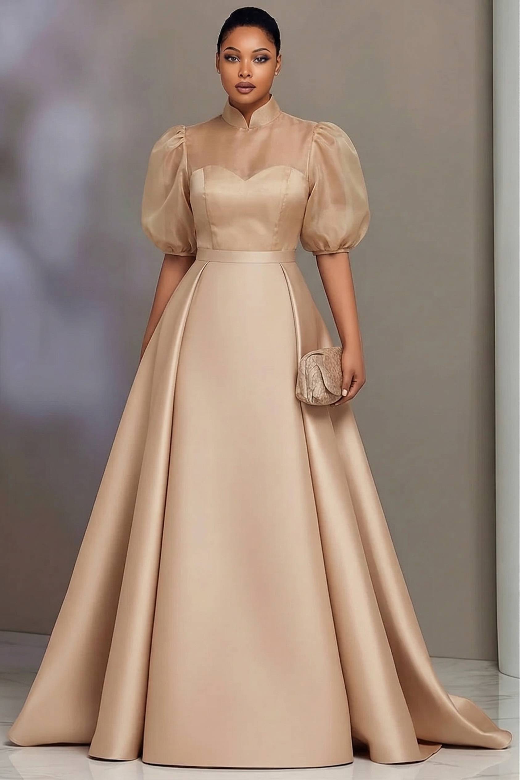 Summer Clothing For Older Women - プラスサイズ エレガント サテン プロムドレス レディース スタンドカラー