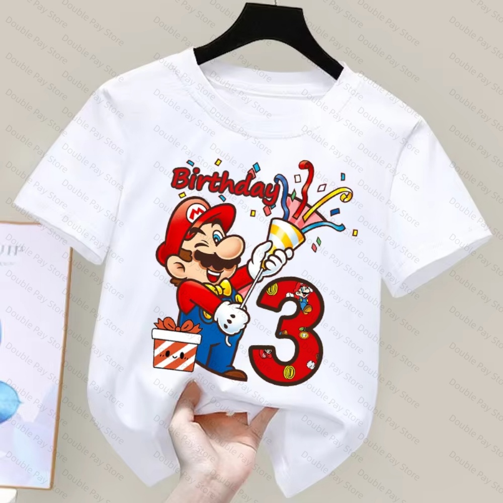 Summer Edit Clothing - 子供用マリオ柄バースデーナンバーTシャツ、男の子と女の子向け、3-8歳、ゆったりとしたクルーネック、半袖、カジュアルな夏用Tシャツ