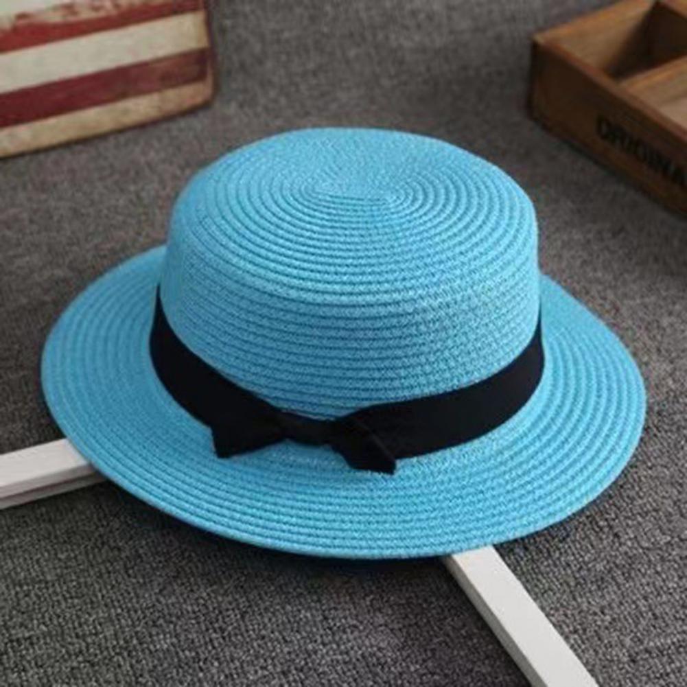 Sun Hat Wide Brim - 手編みストローハット ビーチストローハット フラットトップ ワイドブリム 日焼け防止帽子 ブラックリボン付き
