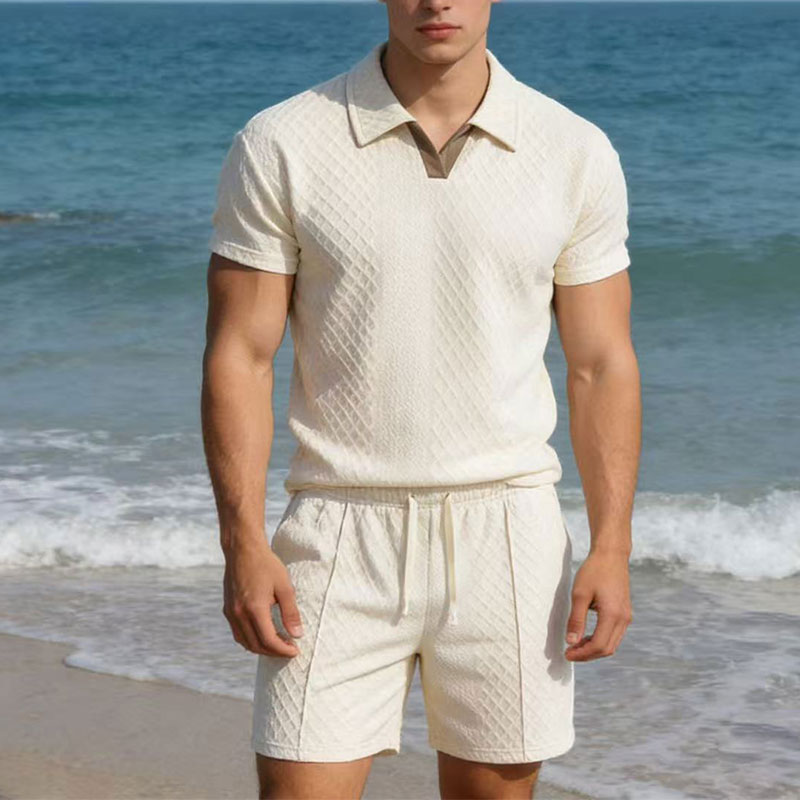Summer Clothing Haul - 2026年夏100kgメンズスーツ無地ワッフルラペルスリムフィットカジュアルファッションジップアップ半袖シャツスーツショーツプルオーバーセット