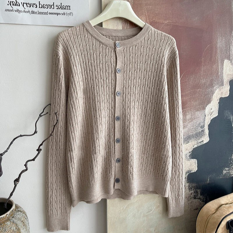 Oネック長袖ルーズツイスト白赤茶冬女性カーディガン女性セータ - Summer Quilt のレビューと価格