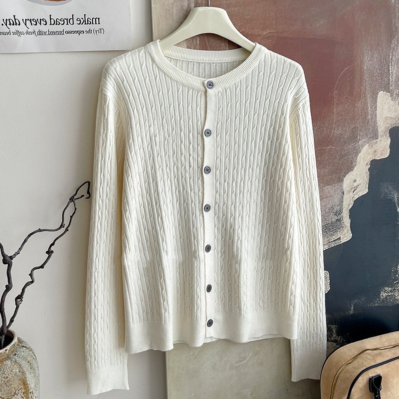 Oネック長袖ルーズツイスト白赤茶冬女性カーディガン女性セータ - Summer Quilt のレビューと価格