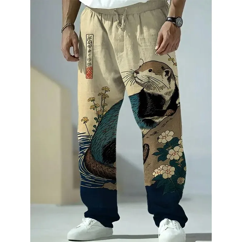 日本の原宿スタイルワイドレッグパンツキツネアライグマプリント - Japanese Summer Clothing Men のレビューと価格