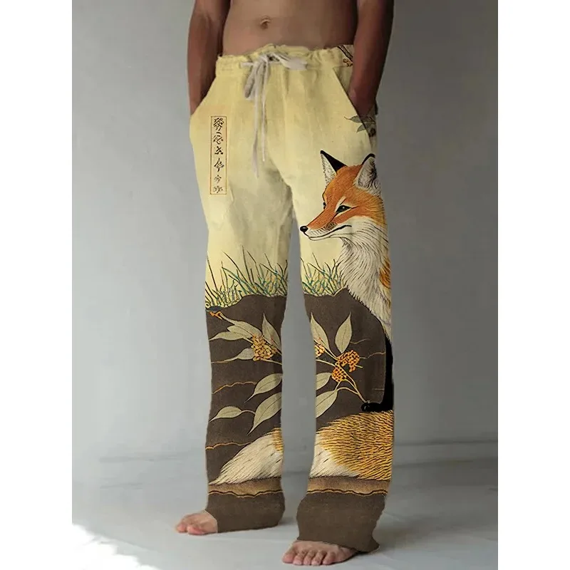 日本の原宿スタイルワイドレッグパンツキツネアライグマプリント - Japanese Summer Clothing Men のレビューと価格