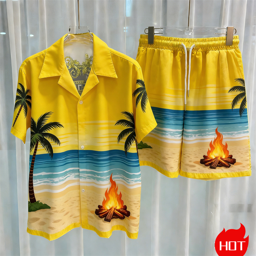 夏のメンズシャツセット 3Dココナッツツリー柄 ポリエステル - Summer Clothing For A Beach のレビューと価格