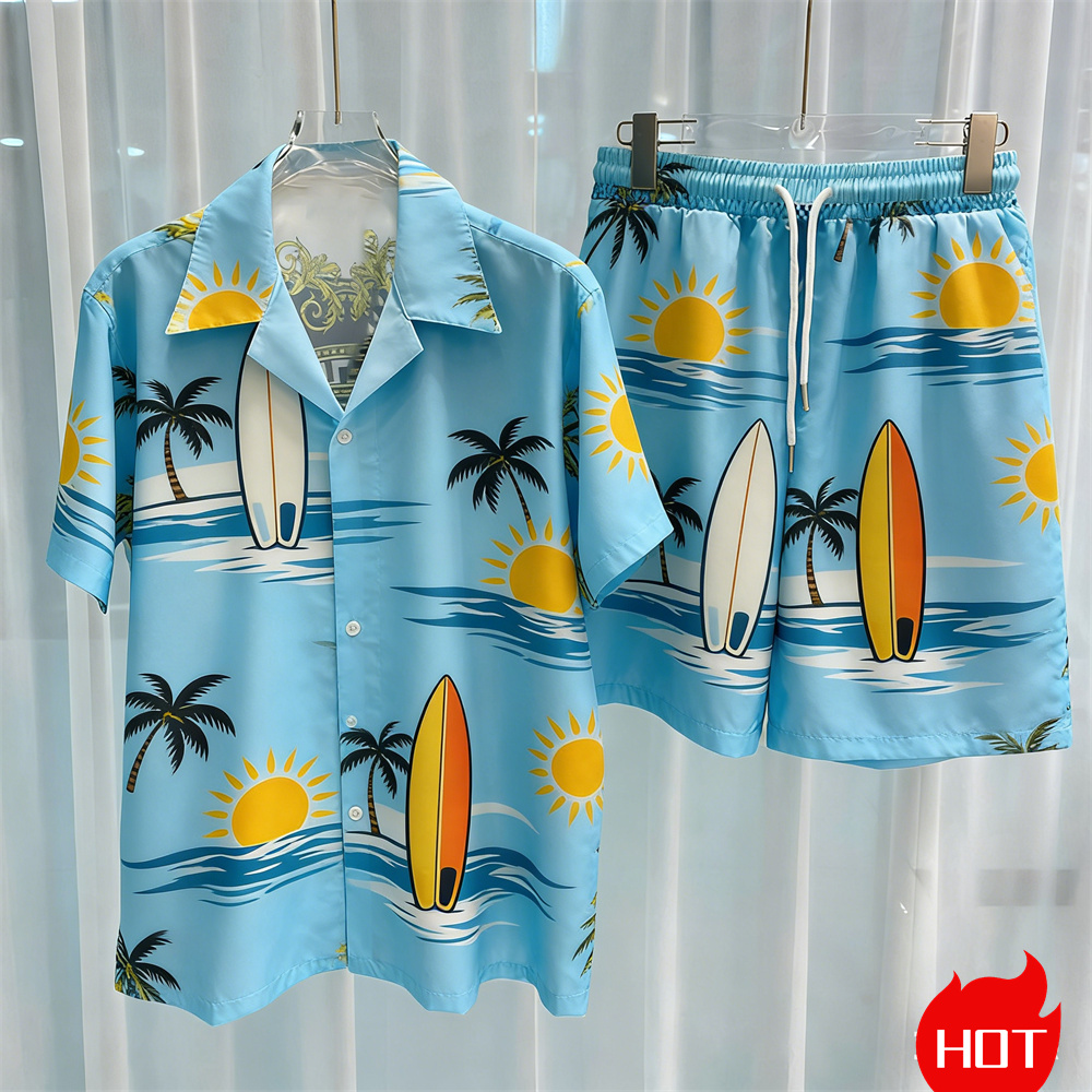 夏のメンズシャツセット 3Dココナッツツリー柄 ポリエステル - Summer Clothing For A Beach のレビューと価格