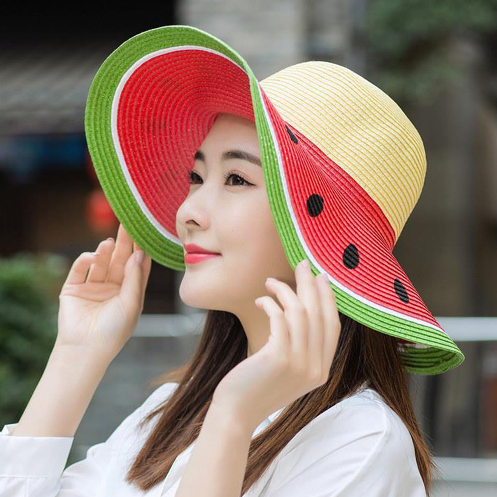 女の子用スイカ柄麦わら帽子 夏用つば広サンキャップ UVカッ - Sun Hat Wide Brim のレビューと価格