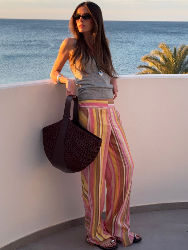 女性のストライプパンツ女性リネンワイドレッグパンツカジュアル - Palazzo Pant Wide のレビューと価格