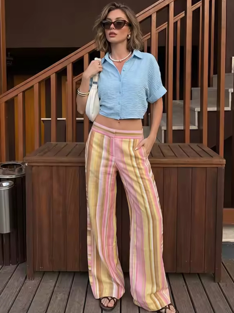 女性のストライプパンツ女性リネンワイドレッグパンツカジュアル - Palazzo Pant Wide のレビューと価格