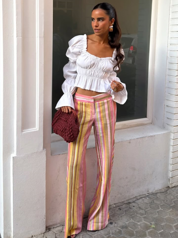 女性のストライプパンツ女性リネンワイドレッグパンツカジュアル - Palazzo Pant Wide のレビューと価格