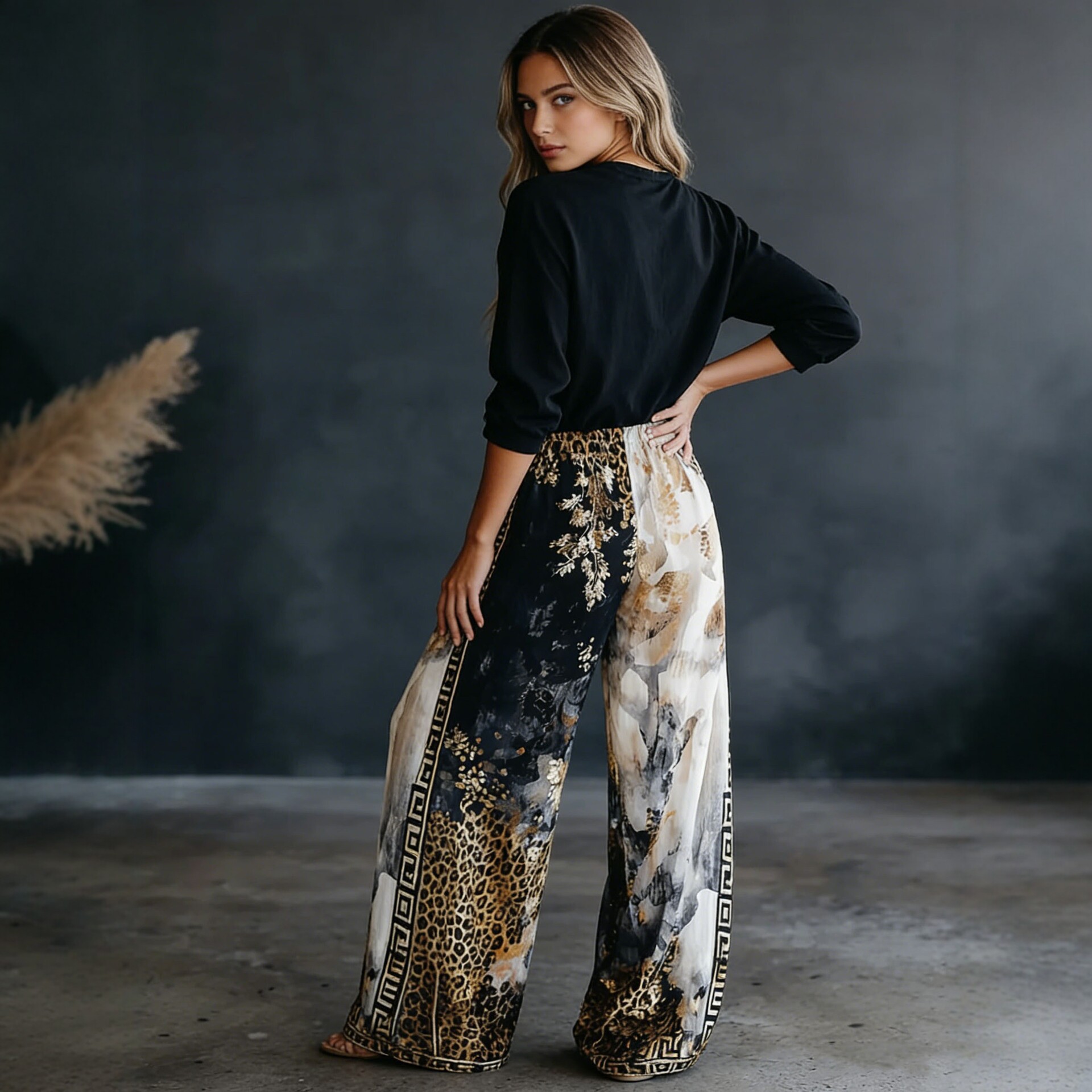 レディースカラーブロックレオパードプリントワイドレッグパンツ - Palazzo Pant Wide のレビューと価格