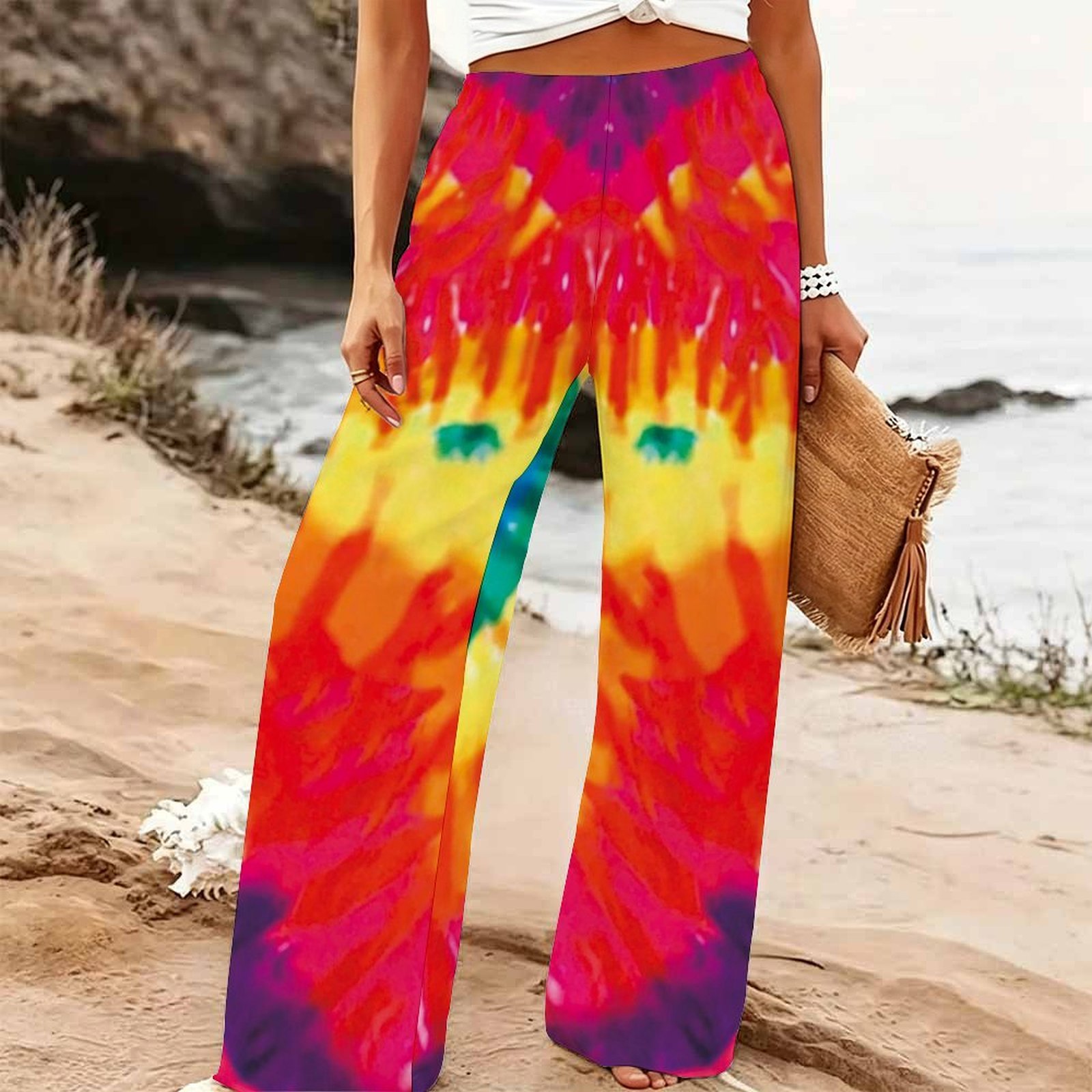 レディースサマービーチワイドレッグパンツ 花柄プリント ゴム - Palazzo Pant Wide のレビューと価格