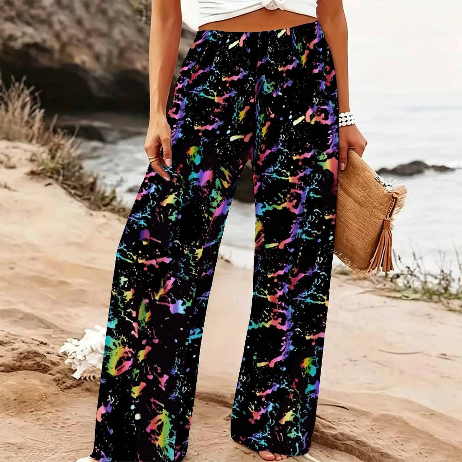 レディースサマービーチワイドレッグパンツ 花柄プリント ゴム - Palazzo Pant Wide のレビューと価格