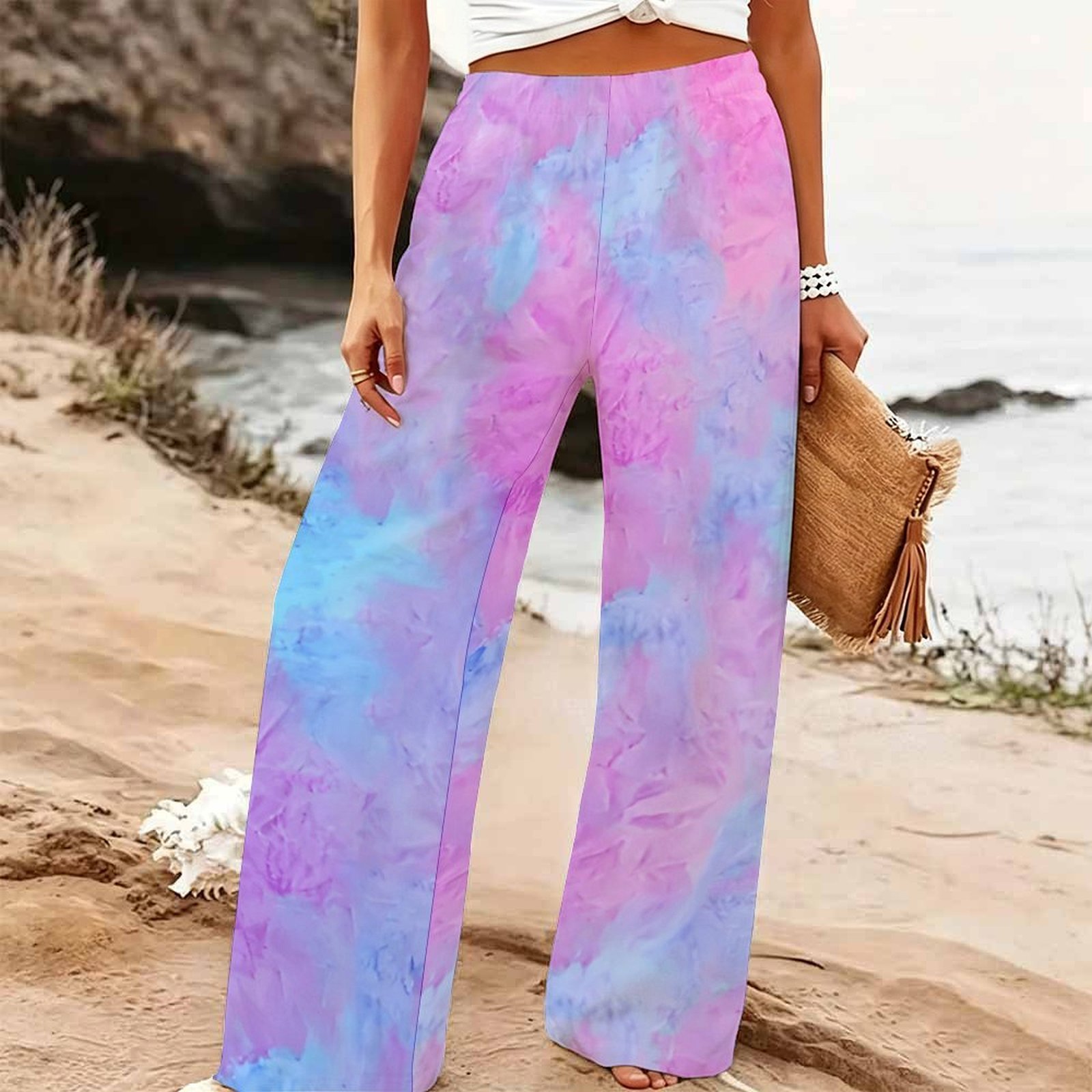 レディースサマービーチワイドレッグパンツ 花柄プリント ゴム - Palazzo Pant Wide のレビューと価格