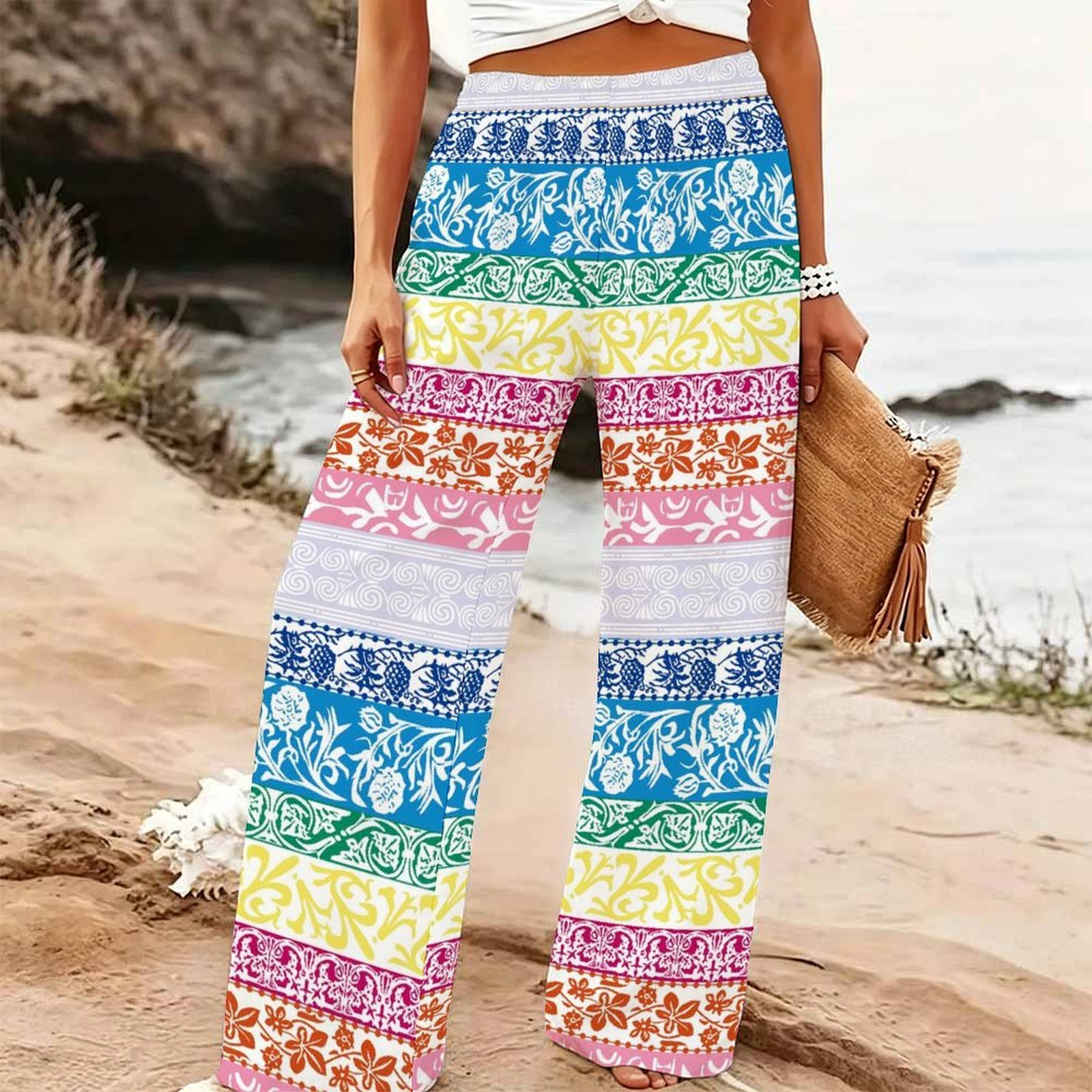レディースサマービーチワイドレッグパンツ 花柄プリント ゴム - Palazzo Pant Wide のレビューと価格