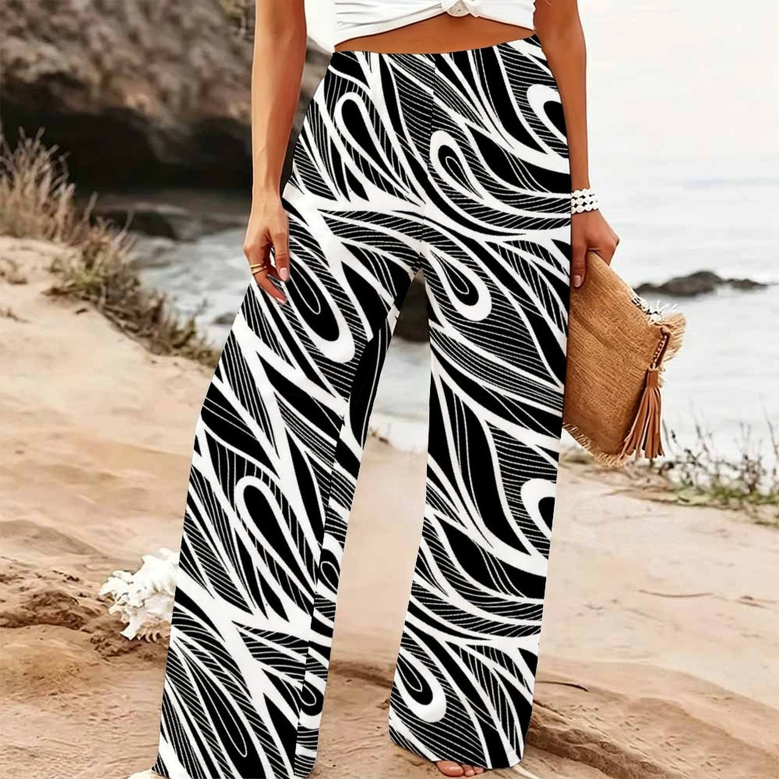 レディースサマービーチワイドレッグパンツ 花柄プリント ゴム - Palazzo Pant Wide のレビューと価格