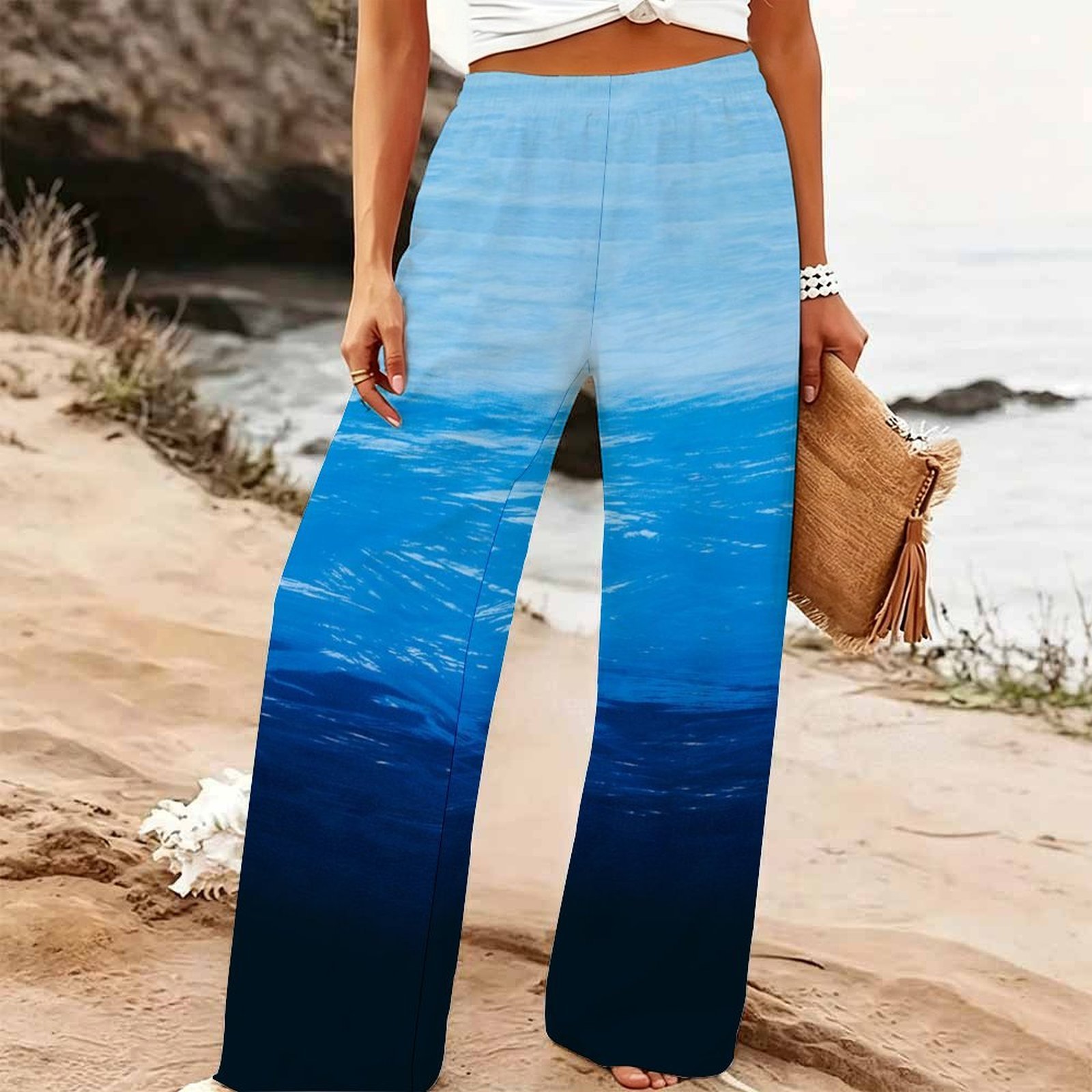 レディースサマービーチワイドレッグパンツ 花柄プリント ゴム - Palazzo Pant Wide のレビューと価格